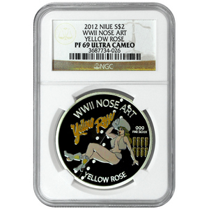 2012 Niue Silver WWII Nose Art Yellow Rose 1oz PF69 UC NGC Brown Label