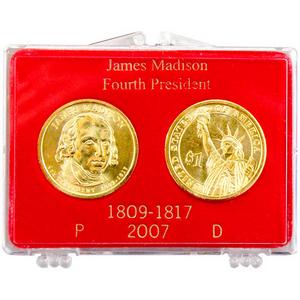 2007 P and D James Madison Presidential Dollar 2 Piece Set in Snaplock Case BU