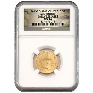 2013 P $5 Gold 5-Star Generals MacArthur MS70 ER NGC Camo Label