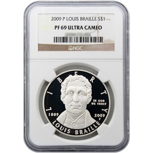 2009 P Louis Braille Bicentennial Silver Dollar PF69 UC NGC