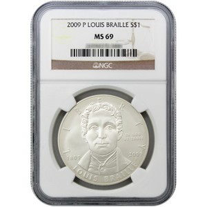 2009 P Louis Braille Bicentennial Silver Dollar MS69 NGC