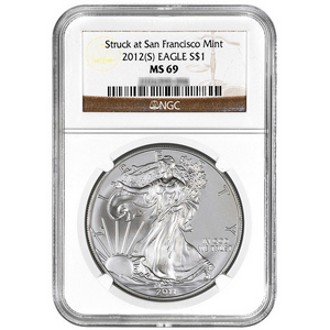 2012 S Silver American Eagle Struck at San Francisco Mint MS69 NGC Brown Label