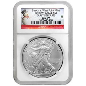 2011 W Silver American Eagle Struck at West Point Mint MS69 ER NGC Snowman Label