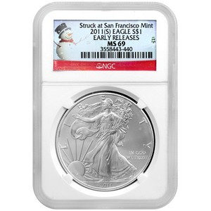 2011 S Silver American Eagle Struck at San Francisco Mint MS69 ER NGC Snowman Label