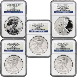 2011 25th Anniversary Silver American Eagle 5pc Set 69 ER NGC
