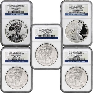 2011 25th Anniversary Silver American Eagle 5pc Set 70 ER NGC