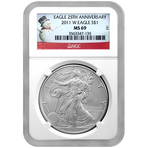2011 W Silver American Eagle 25th Anniversary MS69 Burnished NGC Snowman Label