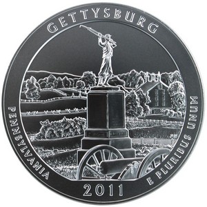 2011 P America the Beautiful Gettysburg Silver 5oz Vapor Blasted UNC