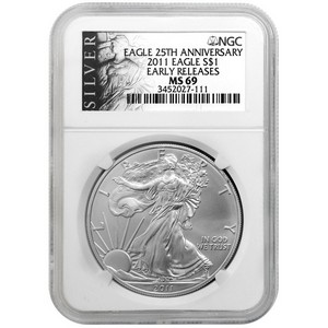 2011 Silver American Eagle 25th Anniversary MS69 ER NGC ALS Label