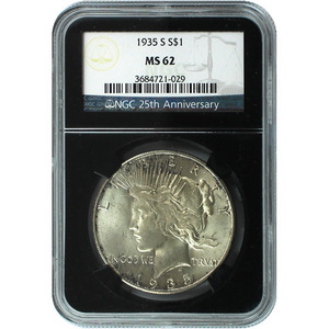 1935 Peace Silver Dollar MS62 NGC Retro Holder