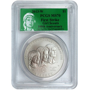 2013 W Girl Scouts Silver Dollar MS70 FS PCGS Green Girl Scouts Label
