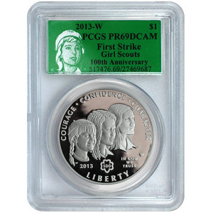 2013 W Girl Scouts Silver Dollar PR69 DCAM FS PCGS Green Girl Scouts Label