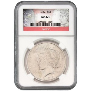 1922 P Silver Peace Dollar MS63 NGC Flag Label