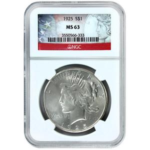 1925 P Silver Peace Dollar MS63 NGC Flag Label