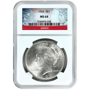 1924 P Silver Peace Dollar MS64 NGC Flag Label