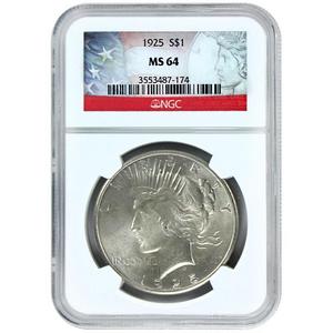 1925 P Silver Peace Dollar MS64 NGC Flag Label