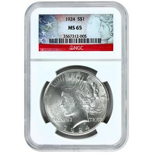 1924 P Silver Peace Dollar MS65 NGC Flag Label