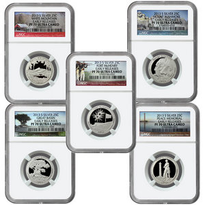 2013 S America the Beautiful Silver Quarters PF70 UC ER NGC 5 Coin Set