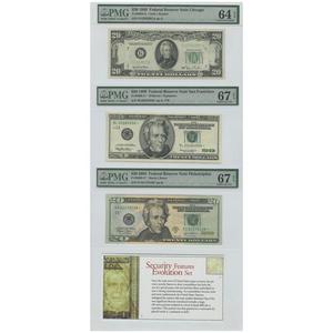 Security Features Evolution Set Federal Reserve Notes 20$ 1950 UNC64 1999 UNC67 2004 UNC67 PMG