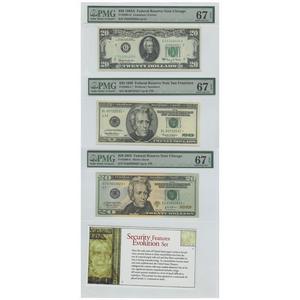 Security Features Evolution Set Federal Reserve Notes 20$ 1963A UNC67  1999 UNC67  2004 UNC67 PMG