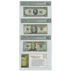 Security Features Evolution Set Federal Reserve Notes 20$ 1963A UNC65 1999 UNC67 2004 UNC66 PMG
