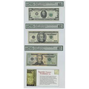 Security Features Evolution Set Federal Reserve Notes 20$ 1963A UNC65 1999 UNC67 2004 UN67 PMG