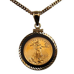 2001 Gold American Eagle One Tenth Ounce BU in Black Onyx Pendant with 20 Inch 14K Gold Rope Chain