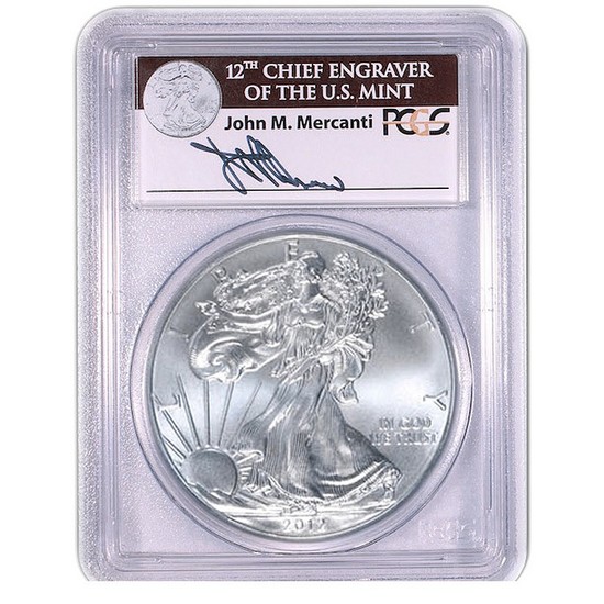 2012 W Silver American Eagle MS70 Burnished FS PCGS John M. Mercanti Signed Label