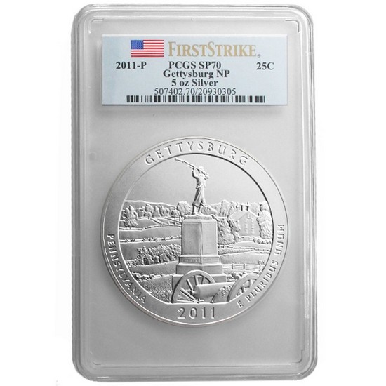 2011 P America The Beautiful Silver 5oz Gettysburg SP70 FS PCGS
