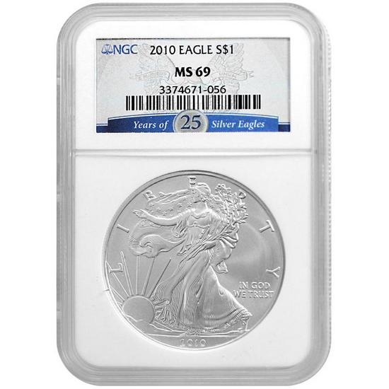 2010 Silver American Eagle MS69 NGC 25 Years of Silver Eagles Label