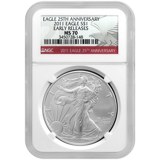 2011 Silver American Eagle 25th Anniversary MS70 ER NGC Red Label