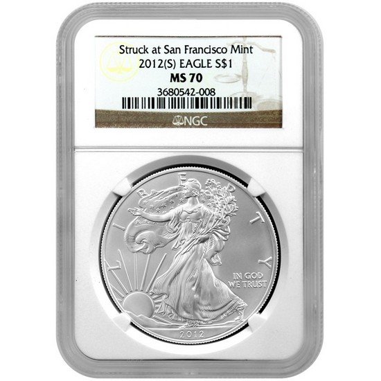 2012 S Silver American Eagle Struck at San Francisco Mint MS70 NGC Brown Label