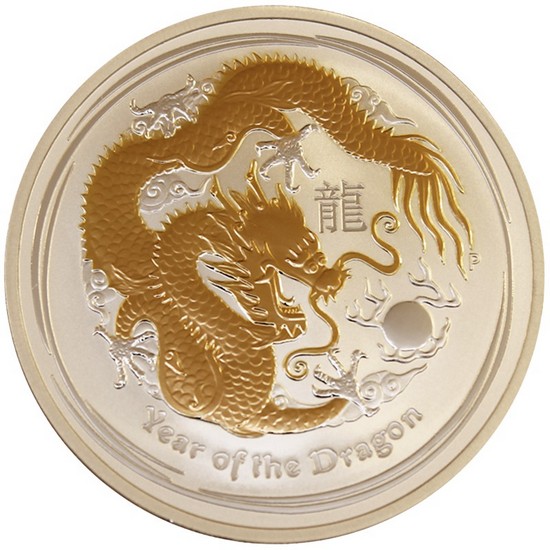2012 P Australia Silver Year of the Dragon 1oz Gilded