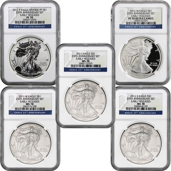 2011 25th Anniversary Silver American Eagle 5pc Set 70 ER NGC