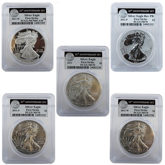 2011 25th Anniversary Silver American Eagle 5pc Set 70 FS PCGS