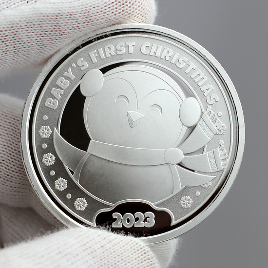 2023 Baby's First Christmas Penguin 1oz .999 Silver Medallion in Gift Box
