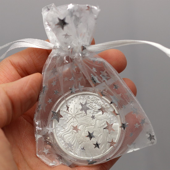 Tooth Fairy Silver Round in Silver Stars Organza Pouch for Gift Giving