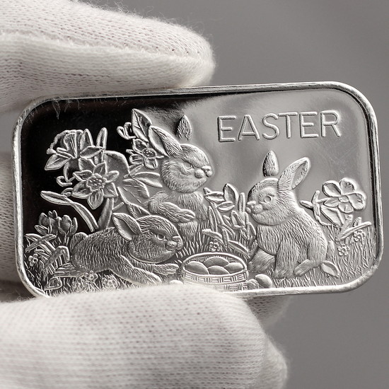 Close Up Plain Silver Easter Bunny Rabbits & Basket 1oz .999 Silver Bar Dated 2020