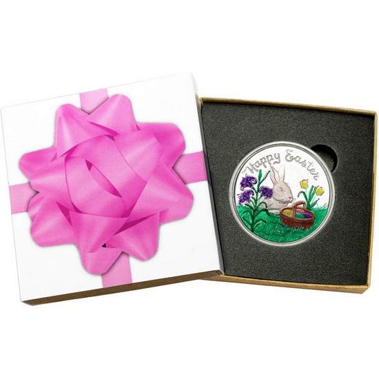 Happy Easter Bunny Rabbit with Basket 1oz .999 Silver Medallion Enameled in Gift Box