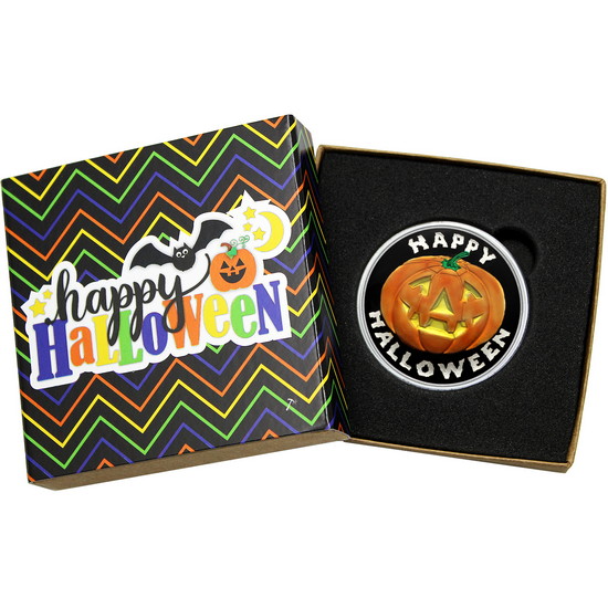Happy Halloween Pumpkin 1oz .999 Silver Medallion Enameled in Gift Box