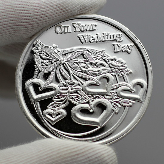 Reflective View of On Your Wedding Day Hearts 1oz .999 Silver Medallion