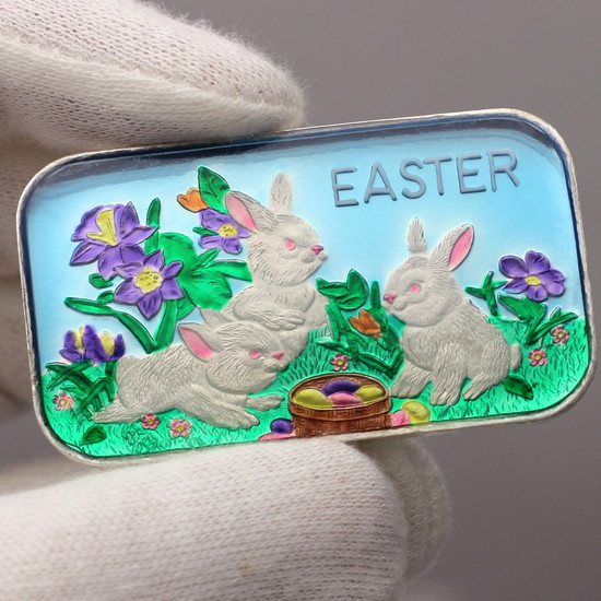 Close Up Hand Enameled Silver Easter Bunny Rabbits & Basket 1oz .999 Silver Bar