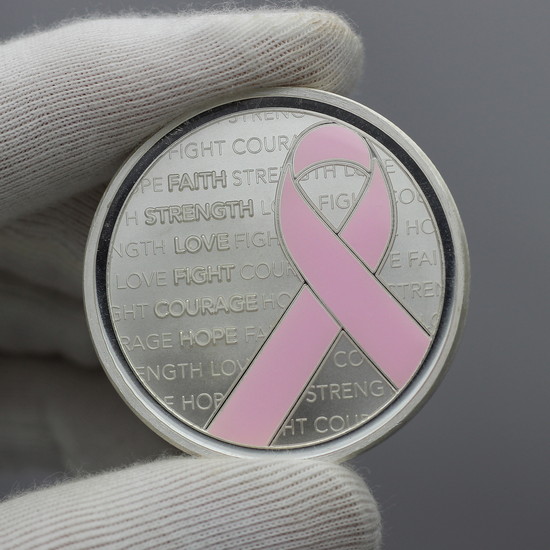 Pink Breast Cancer Ribbon Silver Round Close Up