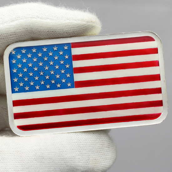 Reflective View of Hand Painted American Flag 5oz Silver Bar