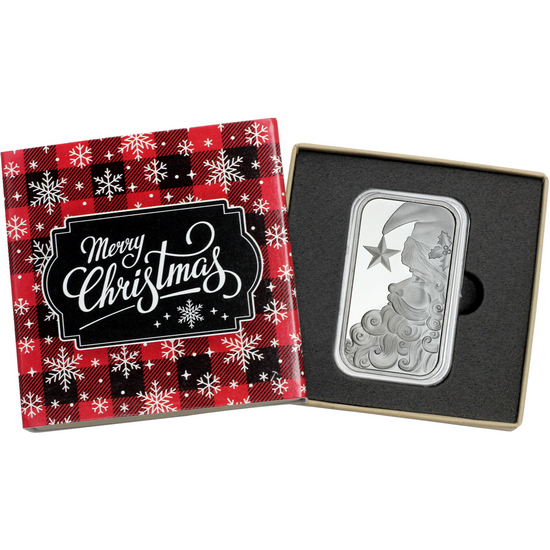 2019 Jolly Wishes Santa Claus with Gifts 1oz .999 Silver Bar in Gift Packaging