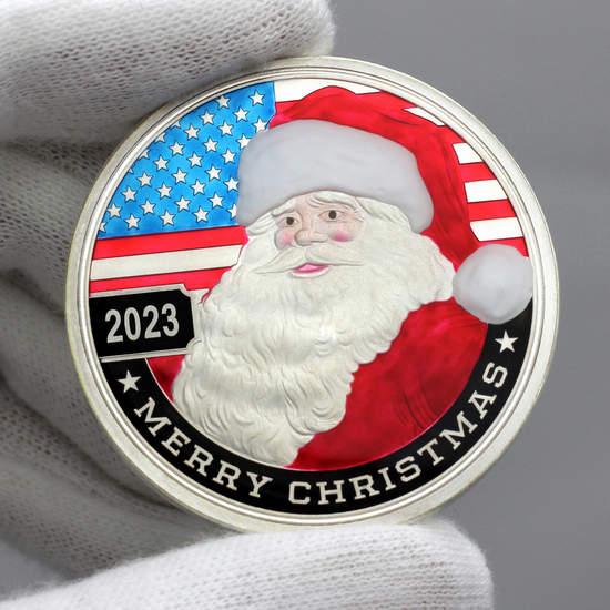 2022 Merry Christmas Patriotic Santa Claus 1oz .999 Silver Medallion Enameled in Gift Box