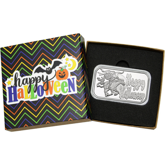 Happy Halloween Headless Horseman 1oz .999 Silver Bar in Gift Box
