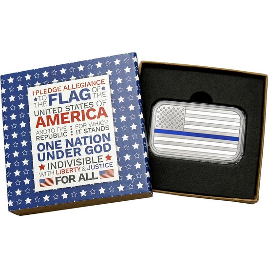 American Flag Blue Line 1oz .999 Silver Bar Enameled in Gift Box