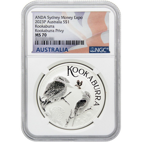 2023 P Australia Silver Kookaburra with Privy 1oz MS70 NGC Flag Label