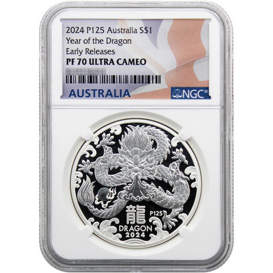 2024 P125 Australia Silver Year of the Dragon Lunar Series III 1oz Coin PF70 UC ER NGC Flag Label
